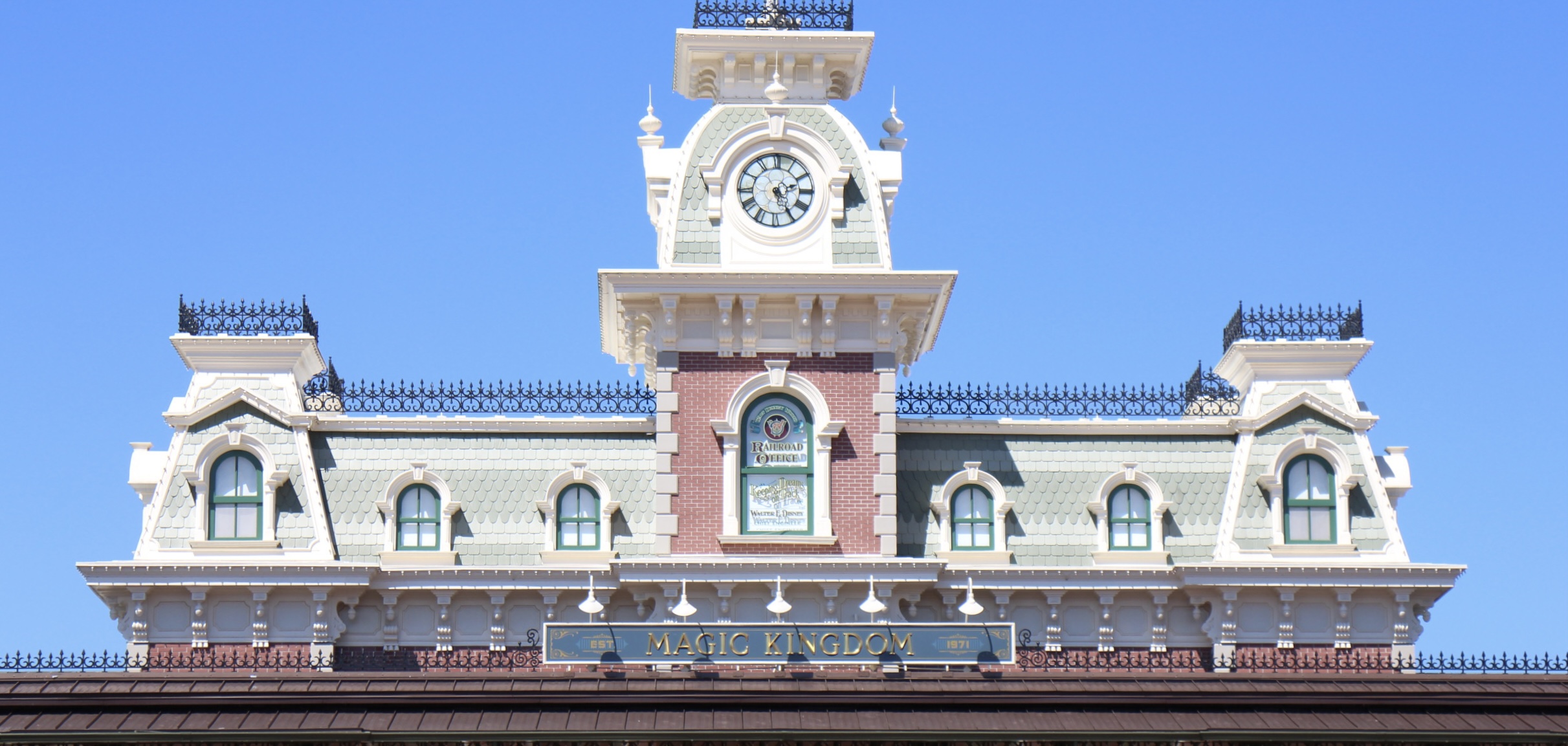 Top half of train station building at Disney theme park Magic Kingdom