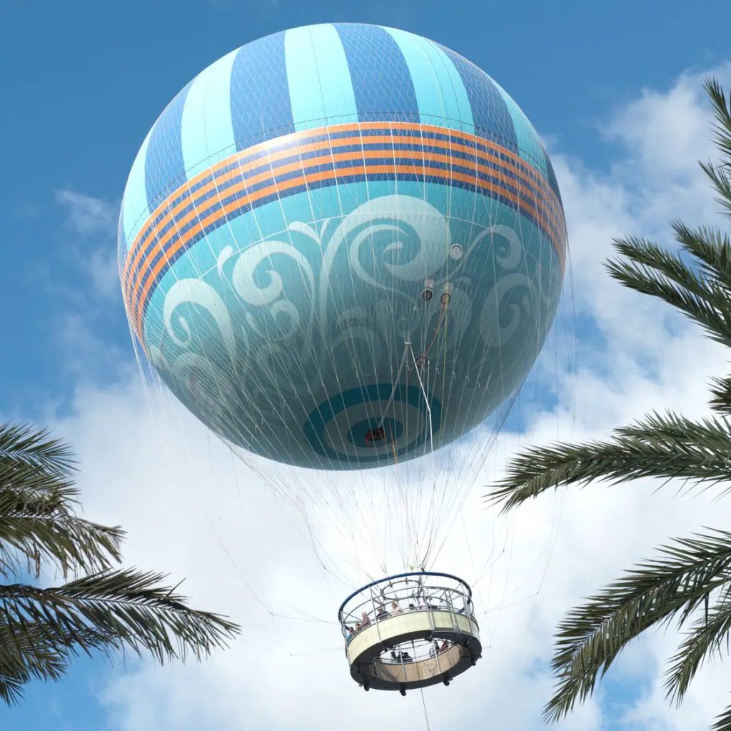 A blue hot air balloon style attraction at Disney Springs