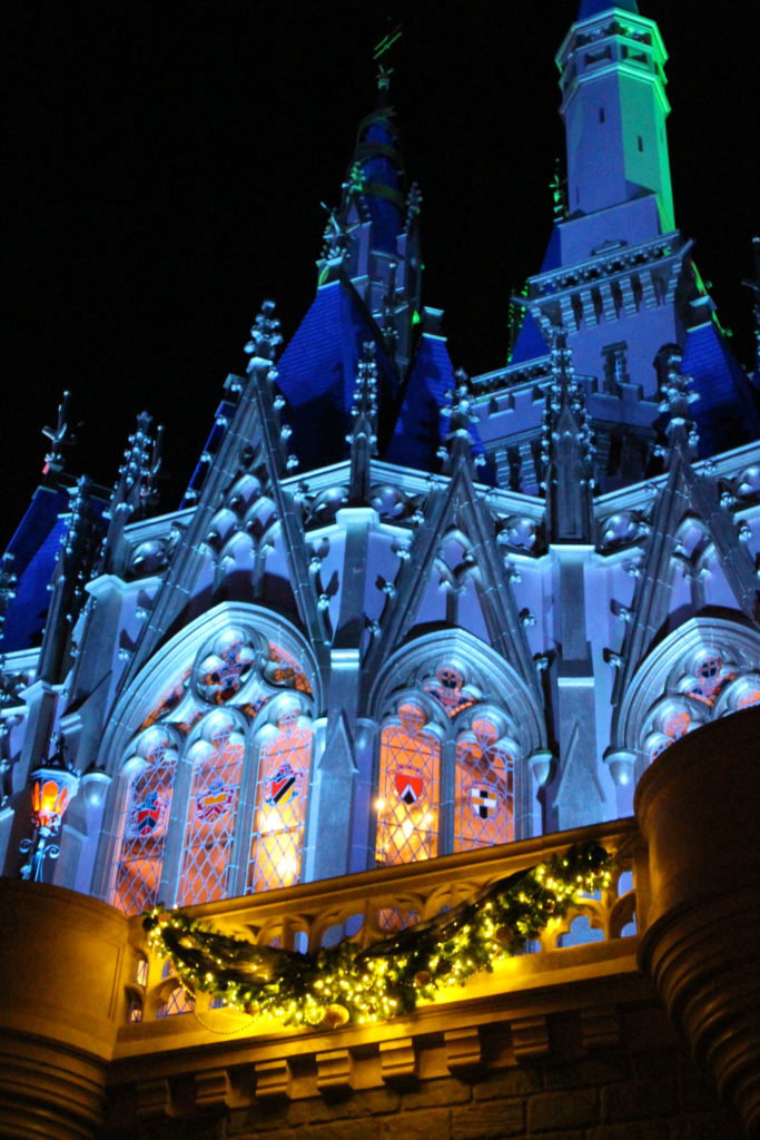 Cinderella Castle decorated for Christmas at night