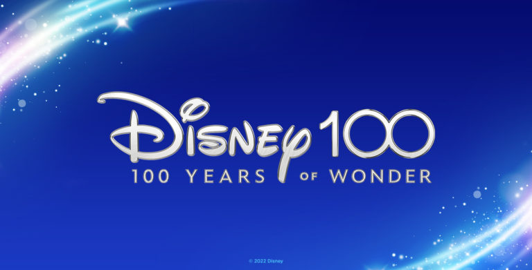 Official Disney 100 Years of Wonder Logo with silver writing on a blue background with sparkles on two corners
