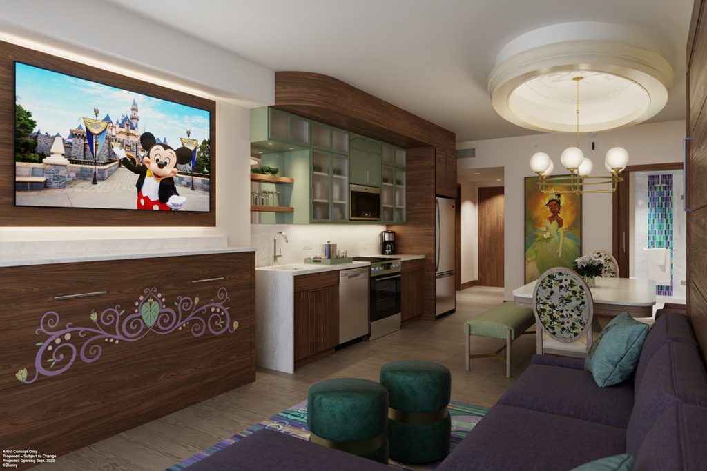 A rendering of a Tiana themed room at The Villas at Disneyland Hotel