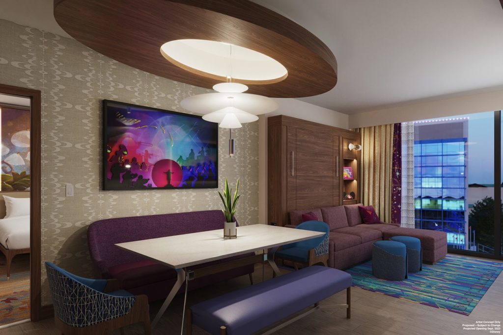 A rendering of a Fantasia themed room at the DVC Tower at Disneyland Hotel
