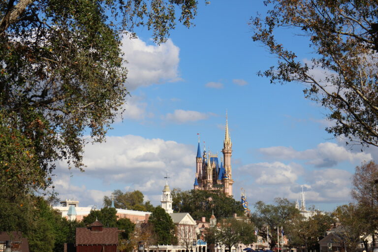 A skyline of Magic Kingdom including the top of Cinderella Castle and rooftops of colonial Liberty Square