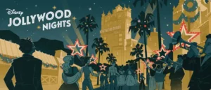 Jollywood Nights graphic art with guests and sky in teal featuring Tower of Terror in gold