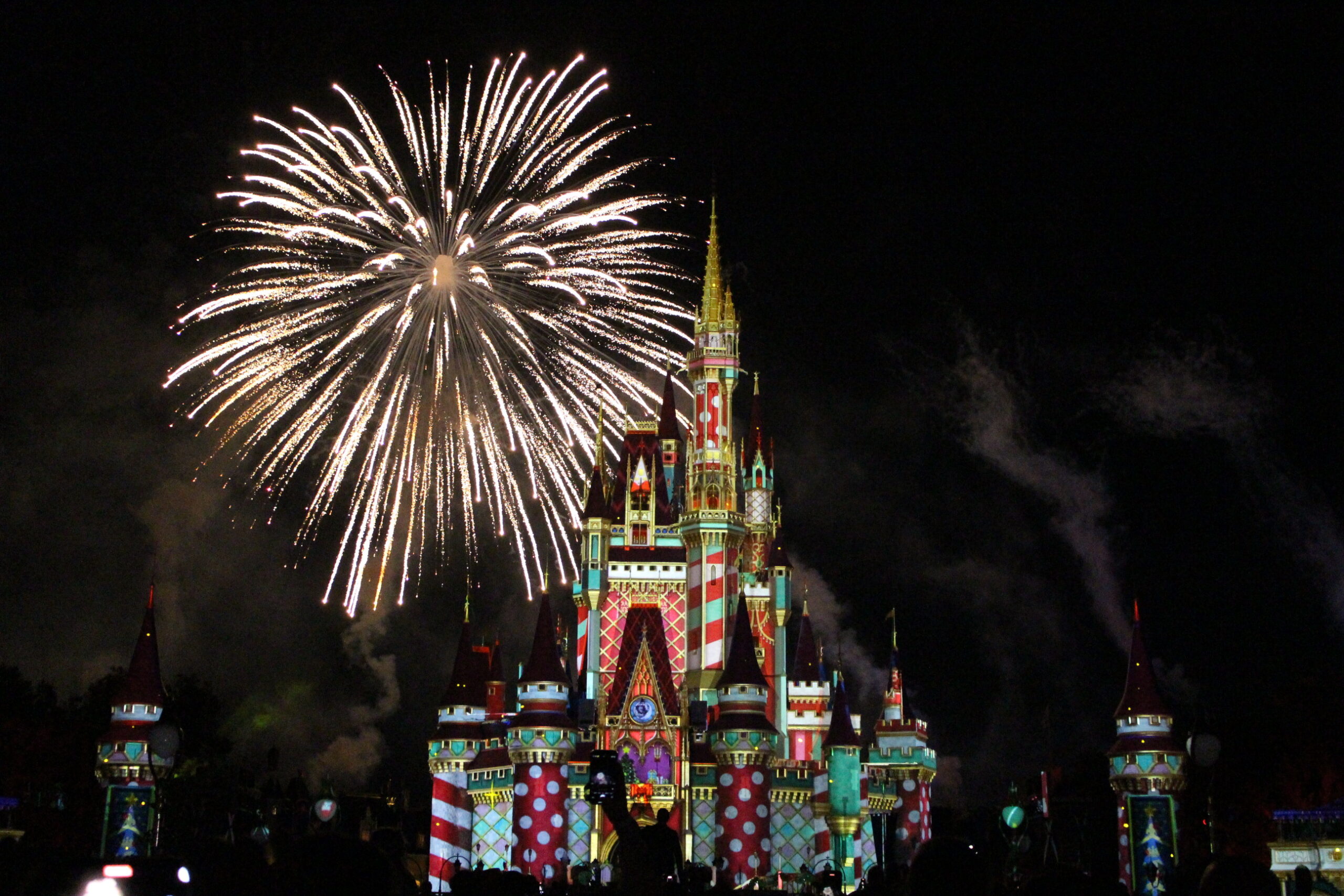 Fireworks over the Disney castle at Mickeys Very Merry Christmas Party