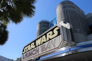 Star Wars Launch Bay gray and distressed sign at Hollywood Studios