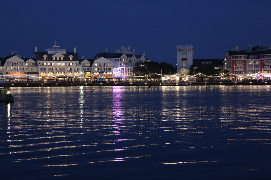Crescent Lake reflects the BoardWalk's night lights