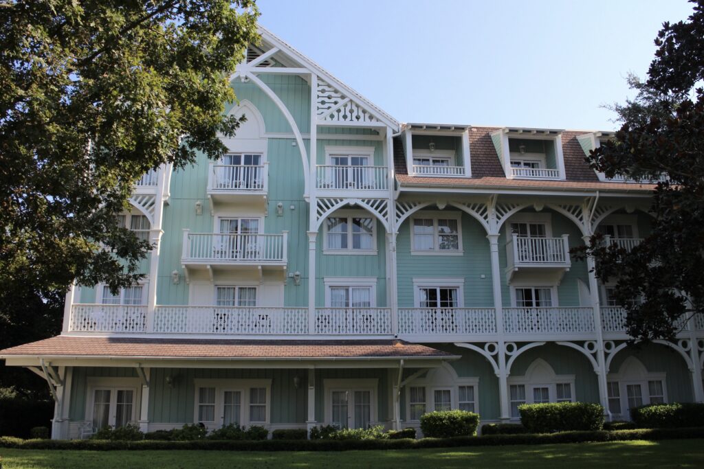 Teal building with white balconies at Disney's Beach Club Villas