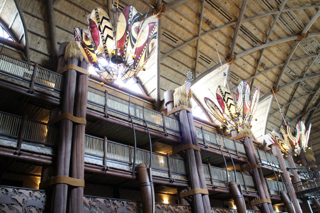 Natural and brown interiors of the multi-floor Animal Kingdom Lodge lobby, a popular DVC ROFR buyback resort