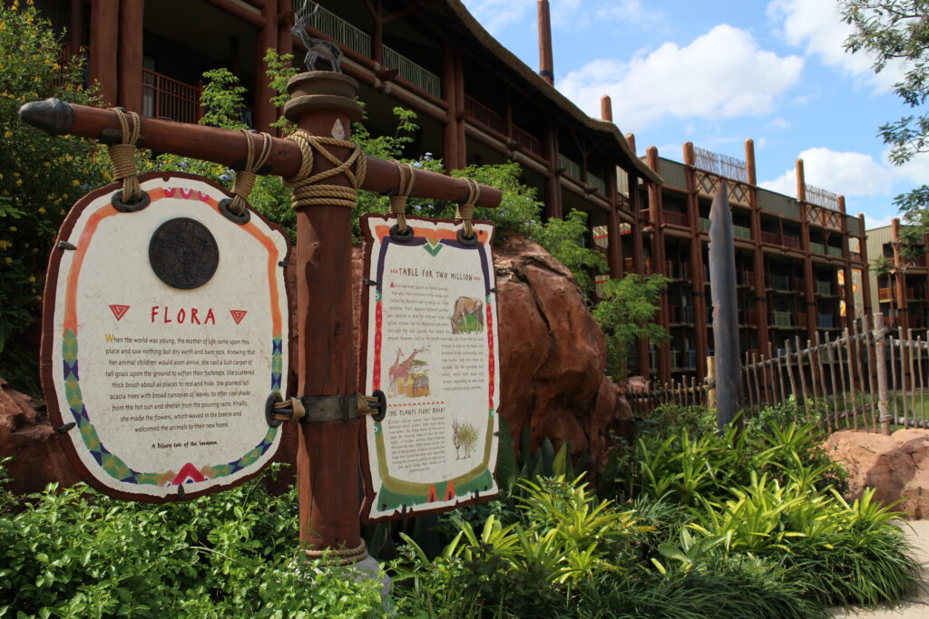 a flora sign points out information about the grounds at Animal Kingdom Lodge