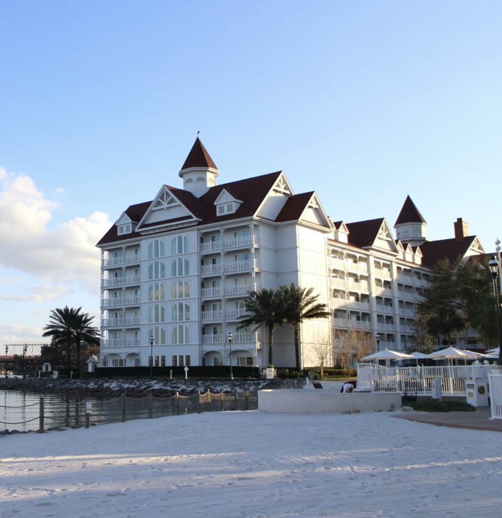 white Grand Floridian DVC building and beach