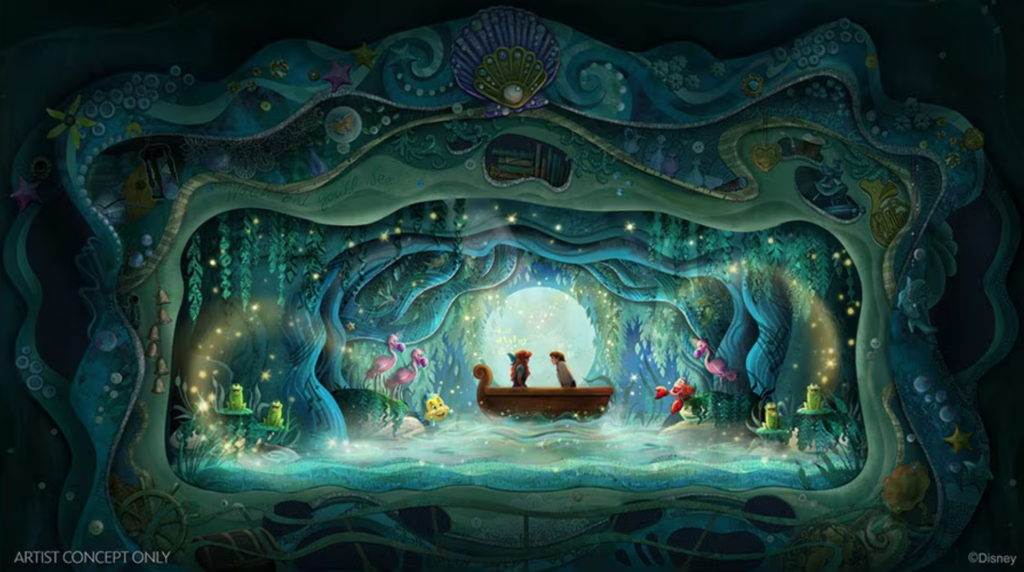 a rendering of the Kiss The Girl scene with Eric and Ariel in a boat surrounded by magic nature in the new Little Mermaid show coming to Disney World in 2024
