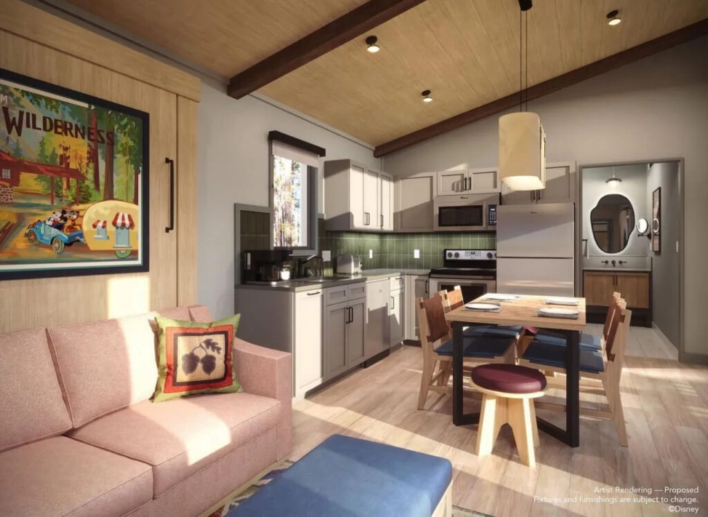 A rendering of a small living room space and a kitchen with a dining table and chairs in it at The Cabins at Disney's Fort Wilderness Resort