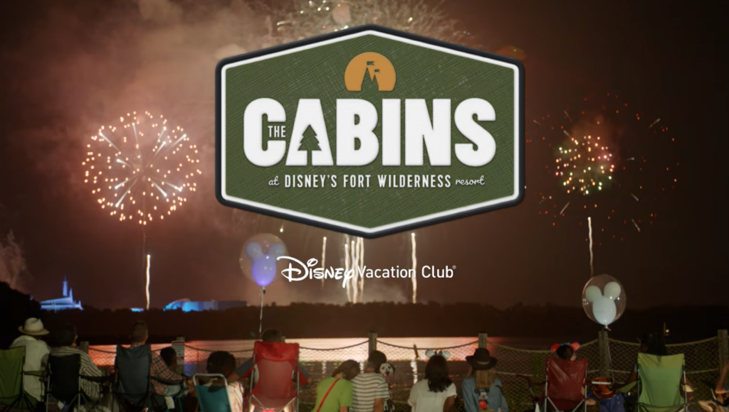 A logo for The Cabins at Disney's Fort Wilderness Resort DVC in front of a beach with fireworks