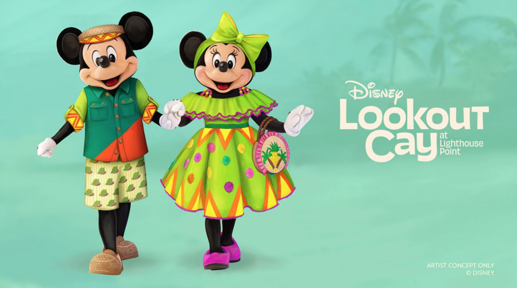 Mickey and Minnie character costume art featuring Bahamian style outfits