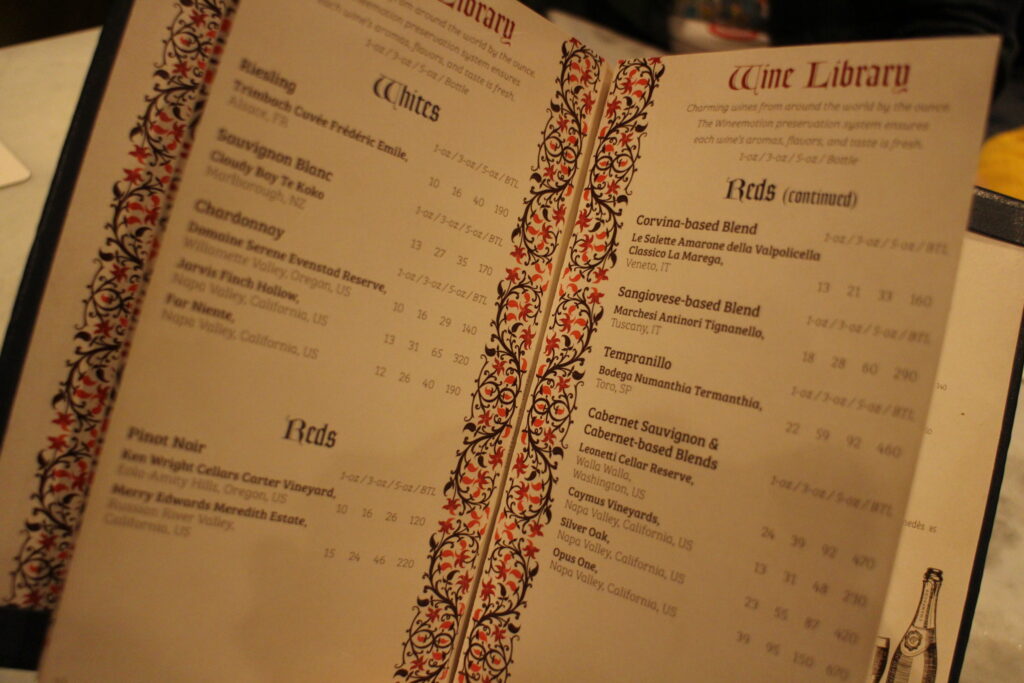 a look inside the wine menu at Enchanted Rose