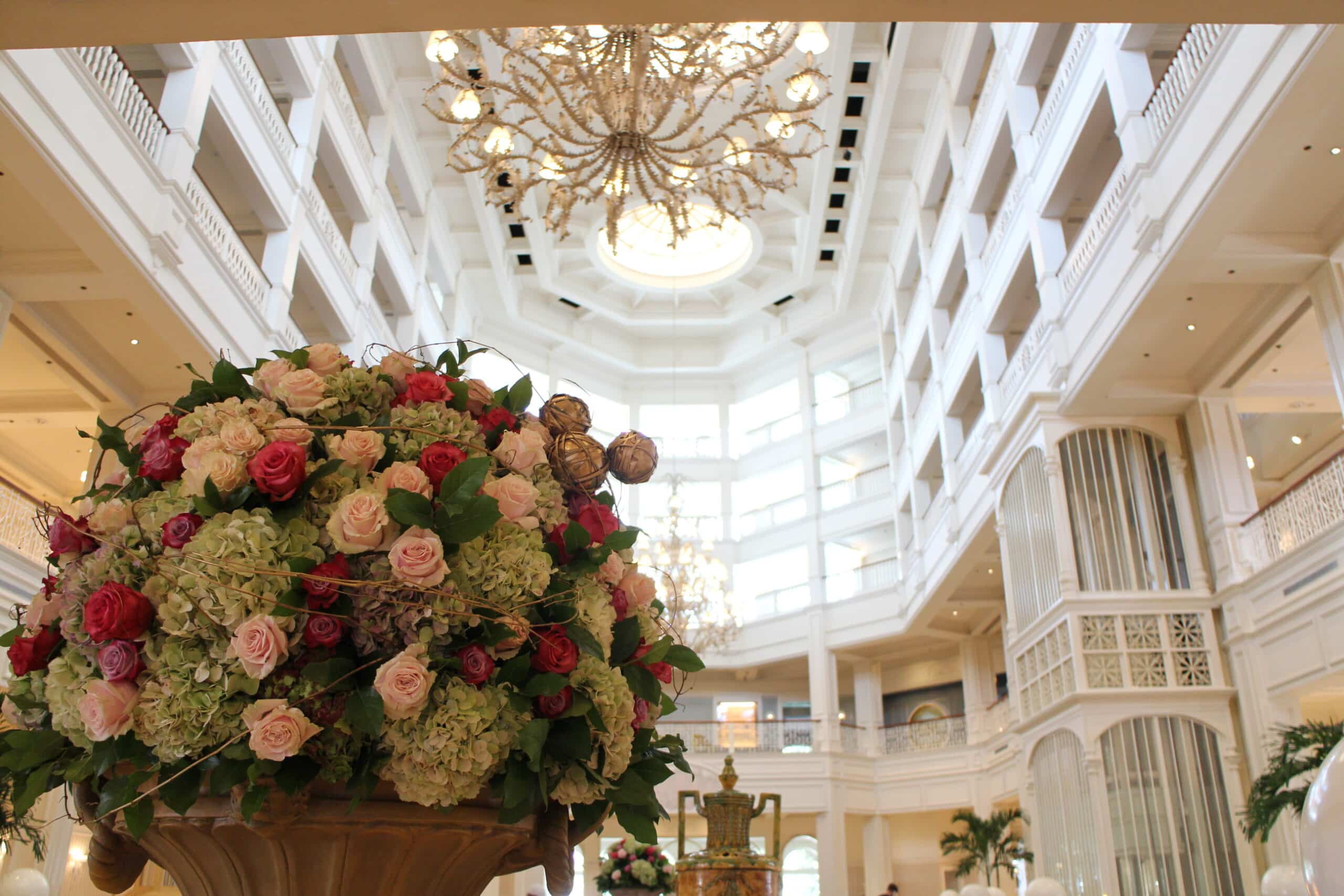 A rose and hydrangea floral arrangement in the Grand Floridian lobby.