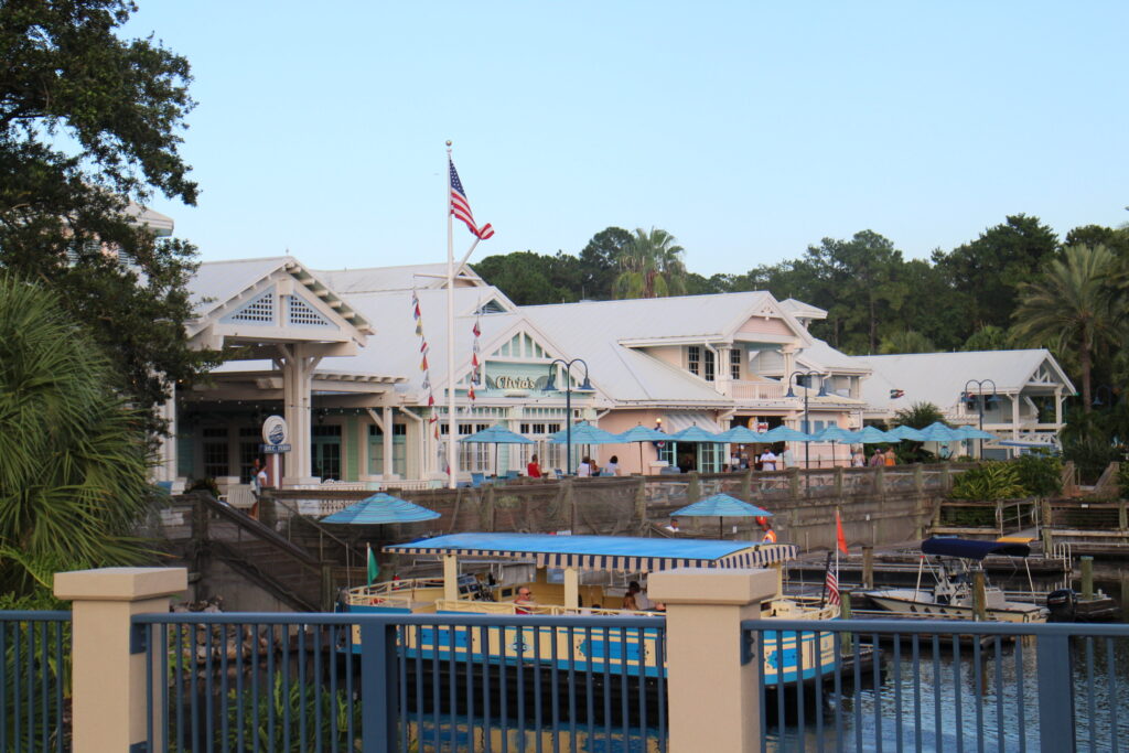 a view of the pastel buildings on the water surrounding the Old Key West Resort boat dock