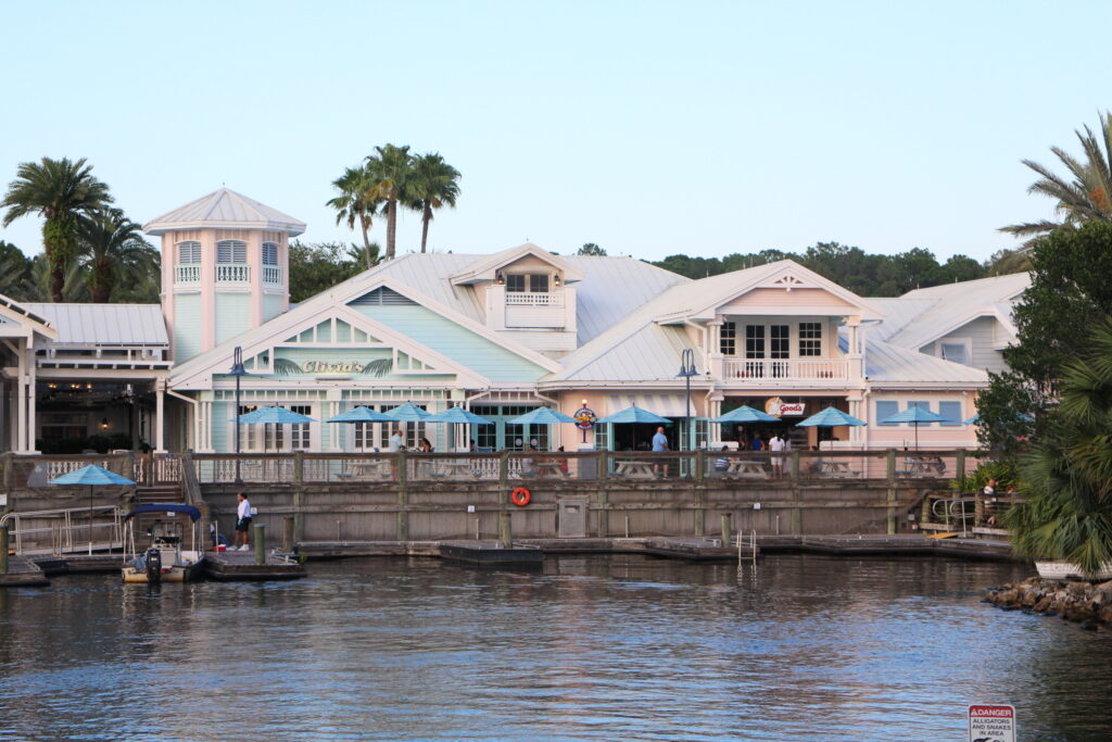 Pastel buildings on the water at Disney's Old Key West Resort at Disney World in Orlando, Florida.