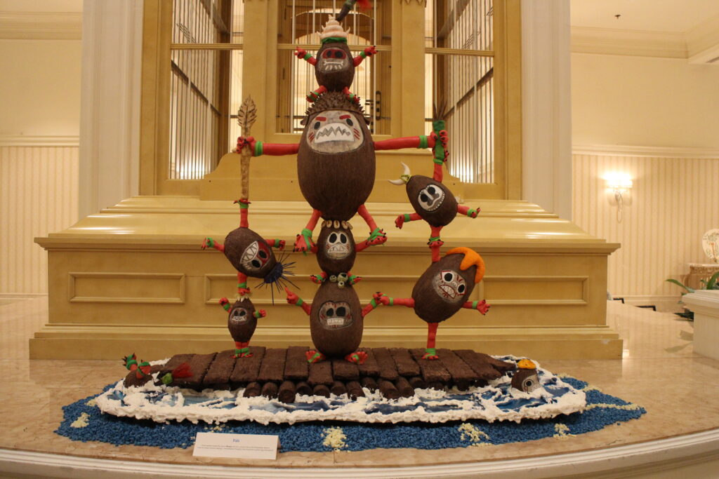 Grand Floridian Moana Easter Egg display featuring stacked and connected coconut guys known as The Kakamora.