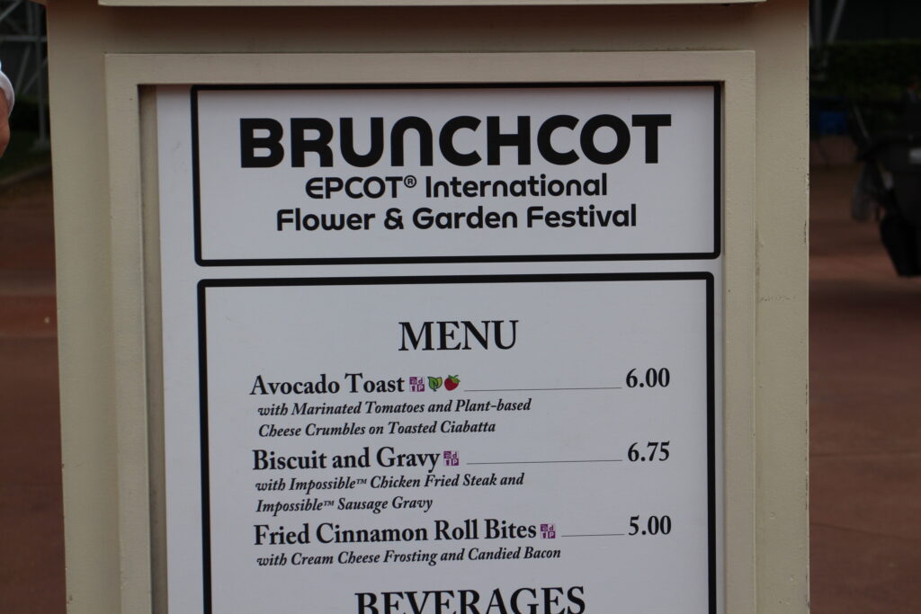 Brunchcot Epcot International Flower & Garden Festival Menu with Avocado Toast, Biscuit and Gravy and Fried Cinnamon Roll Bites