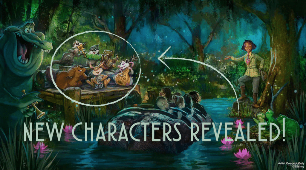 Tiana's Bayou Adventure characters in concept art. A log flume rounds a corner in the water with Tiana on the right gesturing toward the critters playing instruments across the way.