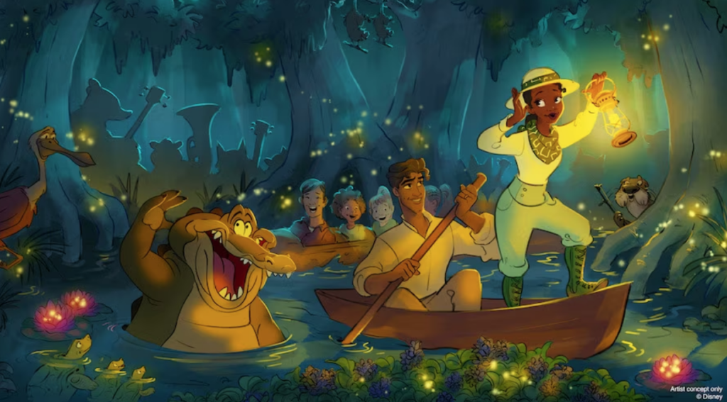 Ride concept art showing Tiana and Naveen in a boat in the bayou.