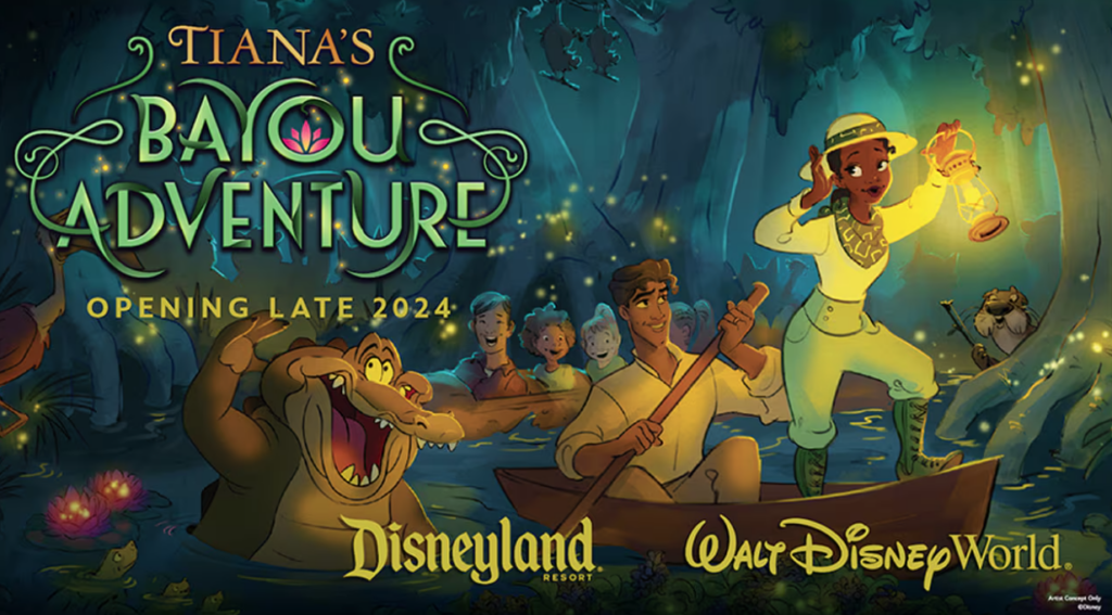 Tiana's Bayou Adventure opening date art. This image shows ride concept art with opening late 2024. Disney World has since announced the ride will open in summer of 2024.