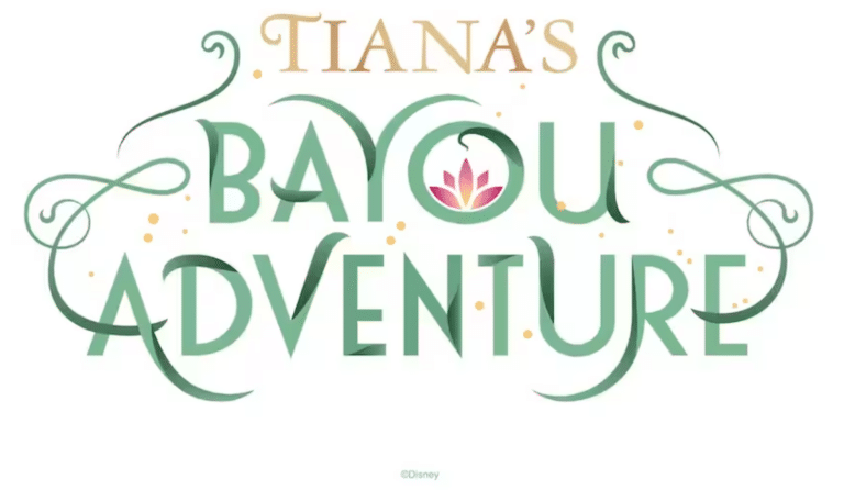 Tiana's Bayou Adventure logo with Tiana's in gold and Bayou Adventure in green